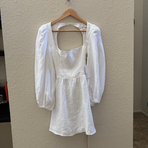 NEW Reformation $248 Brodie Puff Sleeve White Linen Open Back Mini Dress - Picture 3 of 8